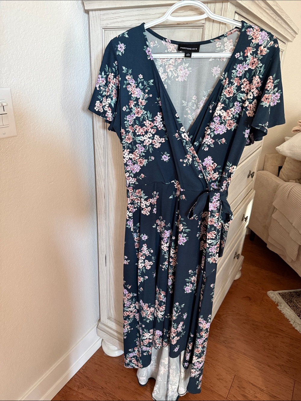 Wrap Maxi Dress with Pink Floral Print on Navy by Fortune + Ivy
